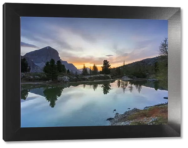 Pristine Lake Limides at dawn with Tofana di Rozes in background, Dolomites, Cortina d Ampezzo, Belluno province, Veneto, Italy, Europe