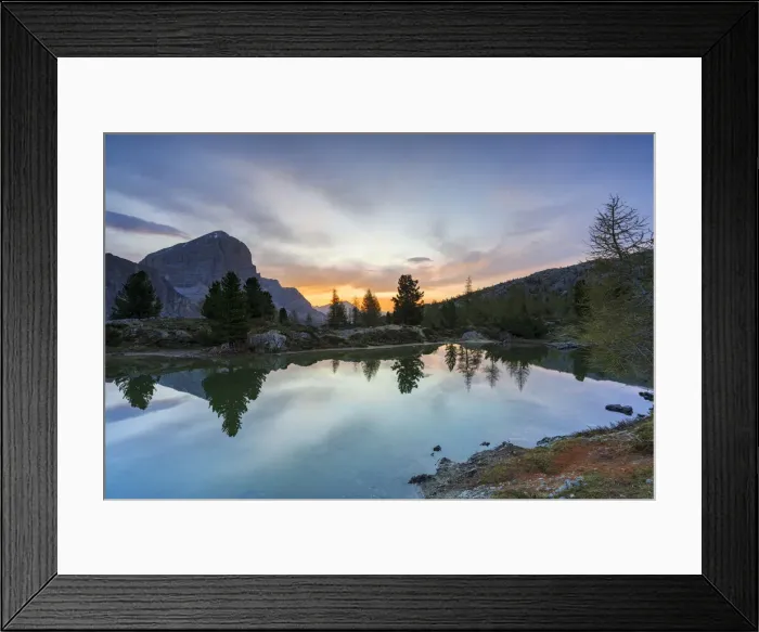 Framed Print : Pristine Lake Limides at dawn with Tofana di Rozes in background, Dolomites, Cortina d Ampezzo, Belluno province, Veneto, Italy, Europe Framed Print : Pristine Lake Limides at dawn with Tofana di Rozes in background, Dolomites, Cortina d Ampezzo, Belluno province, Veneto, Italy, Europe