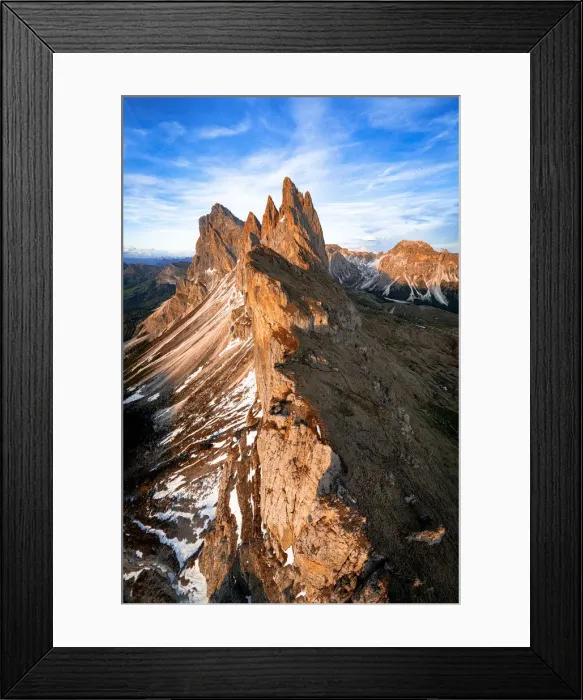 Framed Print : Aerial view of Odle group, Seceda, Furchetta and Sass Rigais at sunset, Dolomites, South Tyrol, Italy, Europe Framed Print : Aerial view of Odle group, Seceda, Furchetta and Sass Rigais at sunset, Dolomites, South Tyrol, Italy, Europe