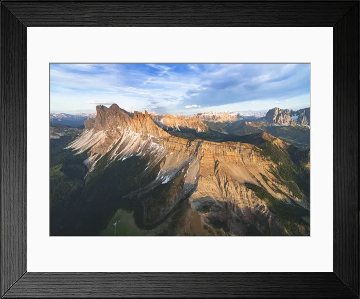 Framed Print : Aerial view of Odle group, Seceda, Sella and Sassolungo at sunset, Dolomites, South Tyrol, Italy, Europe Framed Print : Aerial view of Odle group, Seceda, Sella and Sassolungo at sunset, Dolomites, South Tyrol, Italy, Europe