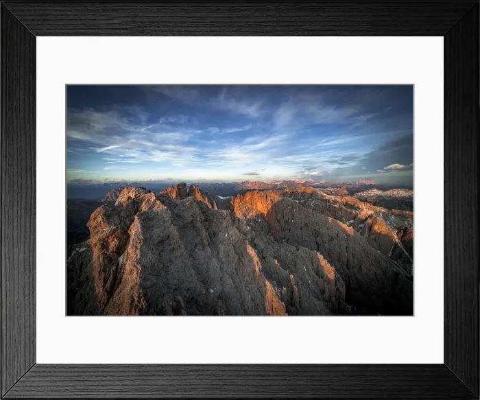 Framed Print : Aerial view of Puez Odle, Furchetta and Sass Rigais at sunset, Dolomites, South Tyrol, Italy, Europe Framed Print : Aerial view of Puez Odle, Furchetta and Sass Rigais at sunset, Dolomites, South Tyrol, Italy, Europe