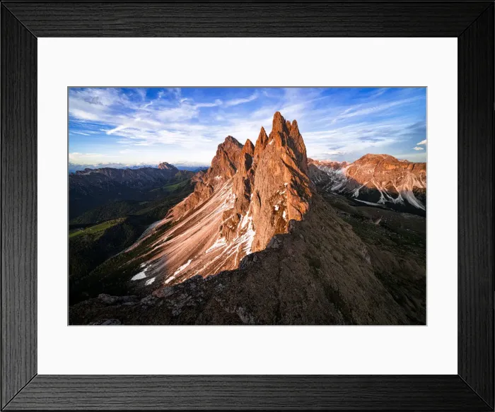 Framed Print : Majestic peaks of Odle group, Seceda, Furchetta and Sass Rigais at sunset, aerial view, Dolomites, South Tyrol, Italy, Europe Framed Print : Majestic peaks of Odle group, Seceda, Furchetta and Sass Rigais at sunset, aerial view, Dolomites, South Tyrol, Italy, Europe
