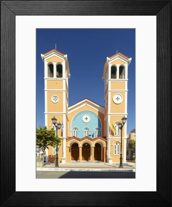 Framed Print : Facade and twin bell towers of church in Lixouri old town, Kefalonia, Ionian Islands, Greek Islands, Greece, Europe Framed Print : Facade and twin bell towers of church in Lixouri old town, Kefalonia, Ionian Islands, Greek Islands, Greece, Europe
