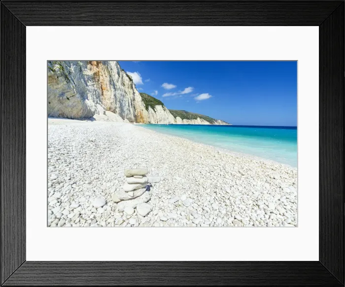 Framed Print : Bright sun on white pebbles of Fteri Beach washed by the turquoise sea, Kefalonia, Ionian Islands, Greek Islands, Greece, Europe Framed Print : Bright sun on white pebbles of Fteri Beach washed by the turquoise sea, Kefalonia, Ionian Islands, Greek Islands, Greece, Europe