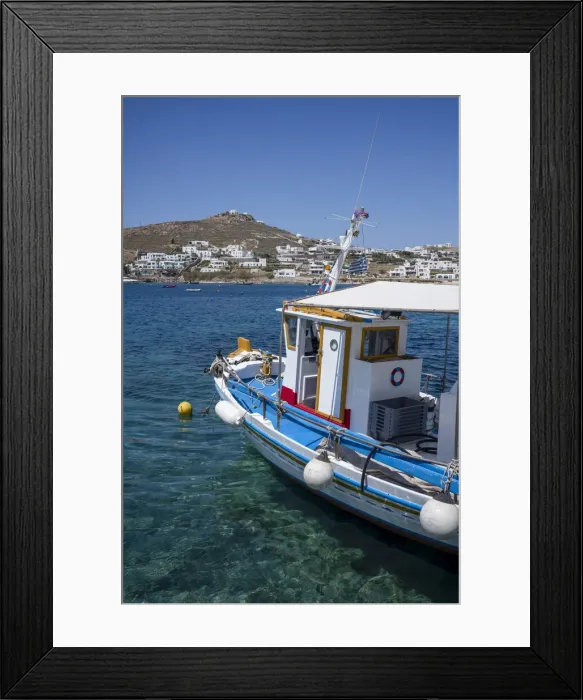 Framed Print : Traditional fishing boat moored in the harbour at Ornos Beach, Mykonos, The Cyclades, Aegean Sea, Greek Islands, Greece, Europe Framed Print : Traditional fishing boat moored in the harbour at Ornos Beach, Mykonos, The Cyclades, Aegean Sea, Greek Islands, Greece, Europe