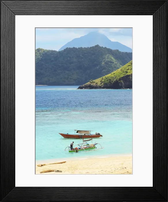 Framed Print : Mahoro Island beach with tour boats and a volcano far beyond on Siau, Mahoro, Siau, Sangihe Archipelago, North Sulawesi, Indonesia, Southeast Asia, Asia Framed Print : Mahoro Island beach with tour boats and a volcano far beyond on Siau, Mahoro, Siau, Sangihe Archipelago, North Sulawesi, Indonesia, Southeast Asia, Asia