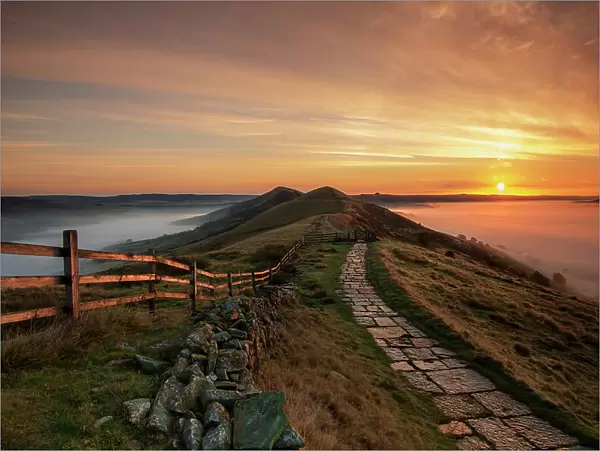 The Great Ridge with a stunning sunrise, Mam Tor, Edale, Peak District, Derbyshire, England, United Kingdom, Europe
