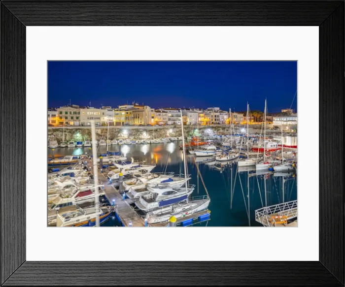 Framed Print : View of boats in marina overlooked by whitewashed buildings at dusk, Ciutadella, Menorca, Balearic Islands, Spain, Mediterranean, Europe Framed Print : View of boats in marina overlooked by whitewashed buildings at dusk, Ciutadella, Menorca, Balearic Islands, Spain, Mediterranean, Europe