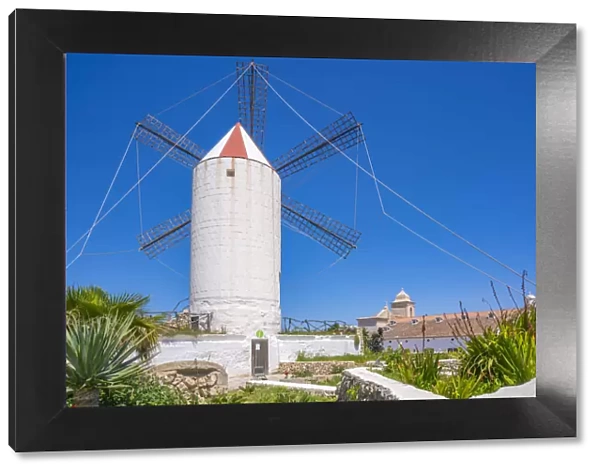 View of whitewashed windmill and Tourist Info Centre, Es Castell, Menorca, Balearic Islands, Spain, Mediterranean, Europe