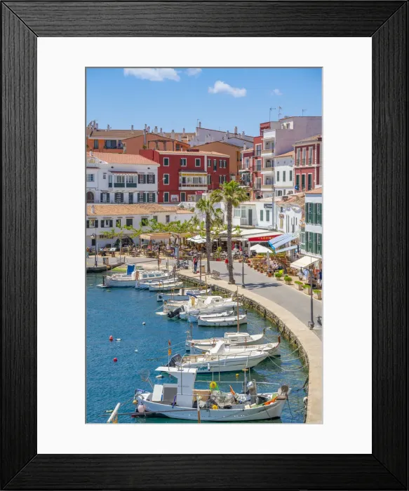 Framed Print : View of colourful cafes, restaurants and boats in harbour against blue sky, Cales Fonts, Menorca, Balearic Islands, Spain, Mediterranean, Europe Framed Print : View of colourful cafes, restaurants and boats in harbour against blue sky, Cales Fonts, Menorca, Balearic Islands, Spain, Mediterranean, Europe