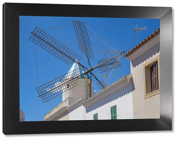 View of whitewashed houses and windmill, Sant Lluis, Menorca, Balearic Islands, Spain, Mediterranean, Europe