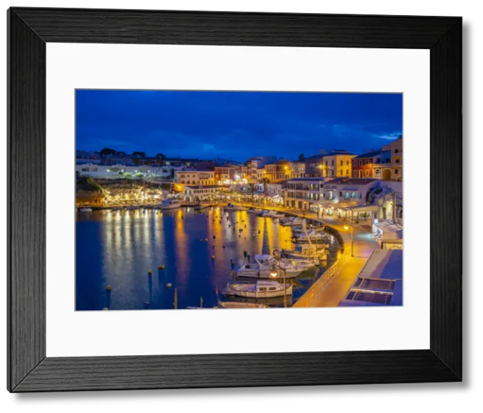 Framed Print : View of cafes, restaurants and boats in harbour at dusk, Cales Fonts, Es Castell, Menorca, Balearic Islands, Spain, Mediterranean, Europe