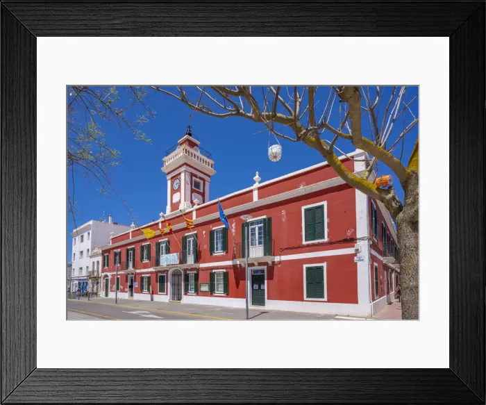 Framed Print : View of colourful archiecture in Placa des Esplanada against blue sky, Cales Fonts, Menorca, Balearic Islands, Spain, Mediterranean, Europe