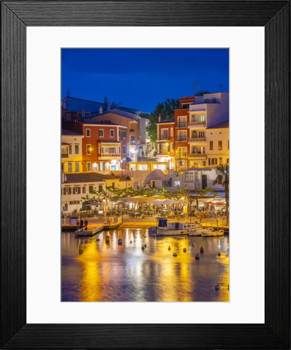 Framed Print : View of cafes, restaurants and boats in harbour at dusk, Cales Fonts, Es Castell, Menorca, Balearic Islands, Spain, Mediterranean, Europe Framed Print : View of cafes, restaurants and boats in harbour at dusk, Cales Fonts, Es Castell, Menorca, Balearic Islands, Spain, Mediterranean, Europe