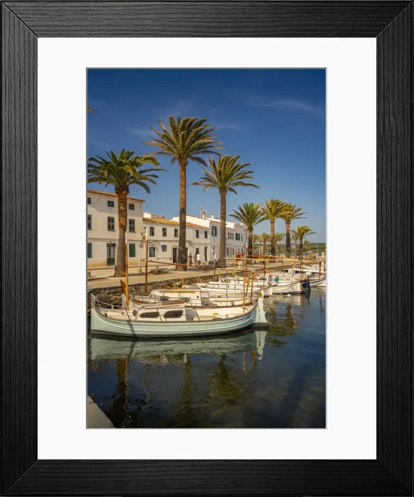 Framed Print : View of boats and palm trees in the marina and houses in Fornelles, Fornelles, Menorca, Balearic Islands, Spain, Mediterranean, Europe Framed Print : View of boats and palm trees in the marina and houses in Fornelles, Fornelles, Menorca, Balearic Islands, Spain, Mediterranean, Europe