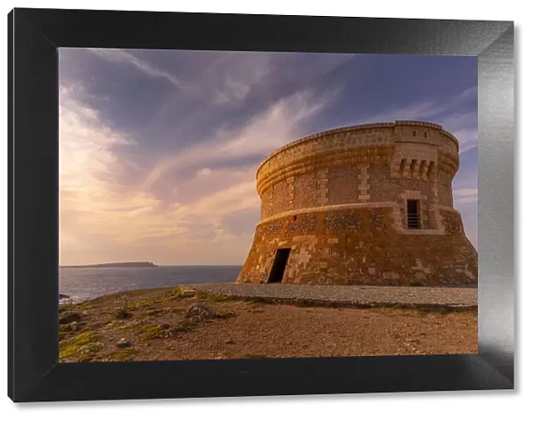 View of Fornelles Tower fortress and Mediterrainean Sea at sunset in Fornelles, Fornelles, Menorca, Balearic Islands, Spain, Mediterranean, Europe