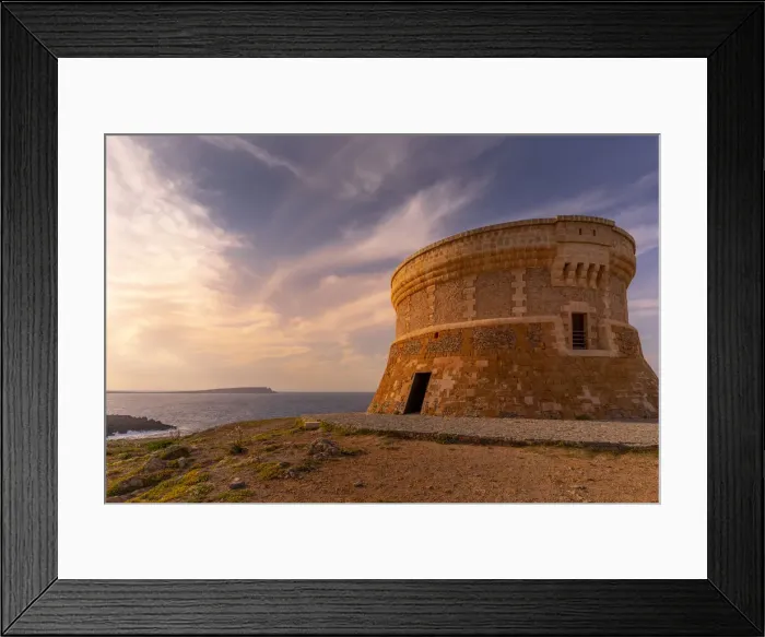 Framed Print : View of Fornelles Tower fortress and Mediterrainean Sea at sunset in Fornelles, Fornelles, Menorca, Balearic Islands, Spain, Mediterranean, Europe Framed Print : View of Fornelles Tower fortress and Mediterrainean Sea at sunset in Fornelles, Fornelles, Menorca, Balearic Islands, Spain, Mediterranean, Europe