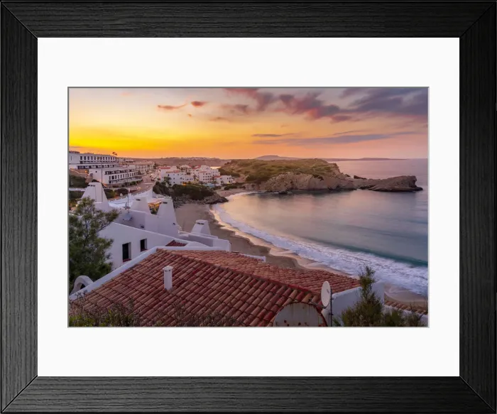 Framed Print : View of beach and rooftops at sunset in Arenal d en Castell, Es Mercadal, Menorca, Balearic Islands, Spain, Mediterranean, Europe Framed Print : View of beach and rooftops at sunset in Arenal d en Castell, Es Mercadal, Menorca, Balearic Islands, Spain, Mediterranean, Europe