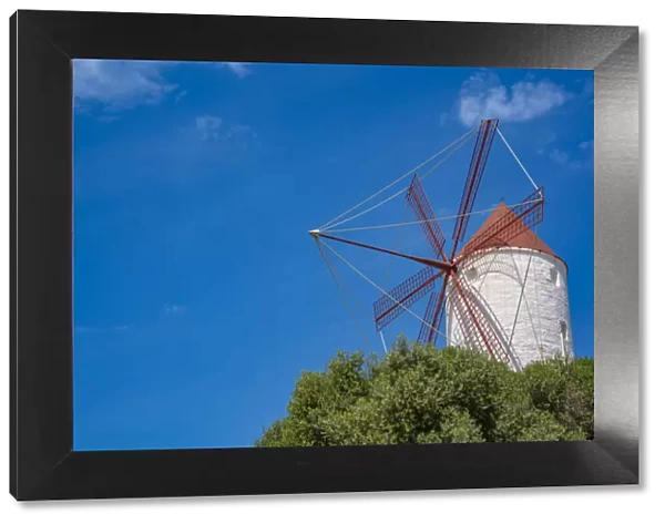 View of windmill against blue sky in Es Mercadal, Menorca, Balearic Islands, Spain, Mediterranean, Europe