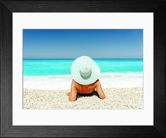 Framed Print : Carefree woman with straw hat sunbathing lying on a idyllic beach, Kefalonia, Ionian Islands, Greek Islands, Greece, Europe Framed Print : Carefree woman with straw hat sunbathing lying on a idyllic beach, Kefalonia, Ionian Islands, Greek Islands, Greece, Europe