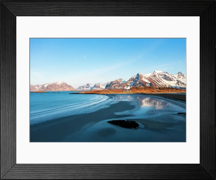 Framed Print : Snowcapped mountains reflected on Fredvang beach washed by waves at sunset, Nordland county, Lofoten Islands, Norway, Europe Framed Print : Snowcapped mountains reflected on Fredvang beach washed by waves at sunset, Nordland county, Lofoten Islands, Norway, Europe