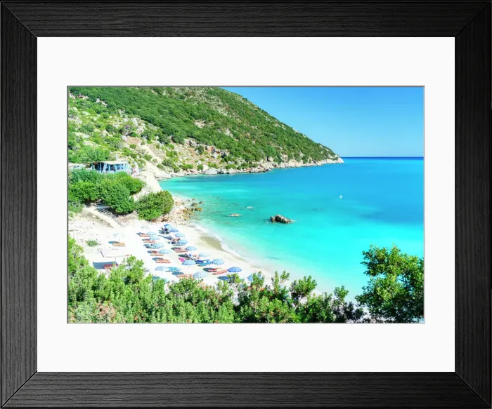 Framed Print : High angle view of beach umbrellas on the idyllic Vouti beach framed by lush plants, Zola, Kefalonia, Ionian Islands, Greek Islands, Greece, Europe Framed Print : High angle view of beach umbrellas on the idyllic Vouti beach framed by lush plants, Zola, Kefalonia, Ionian Islands, Greek Islands, Greece, Europe
