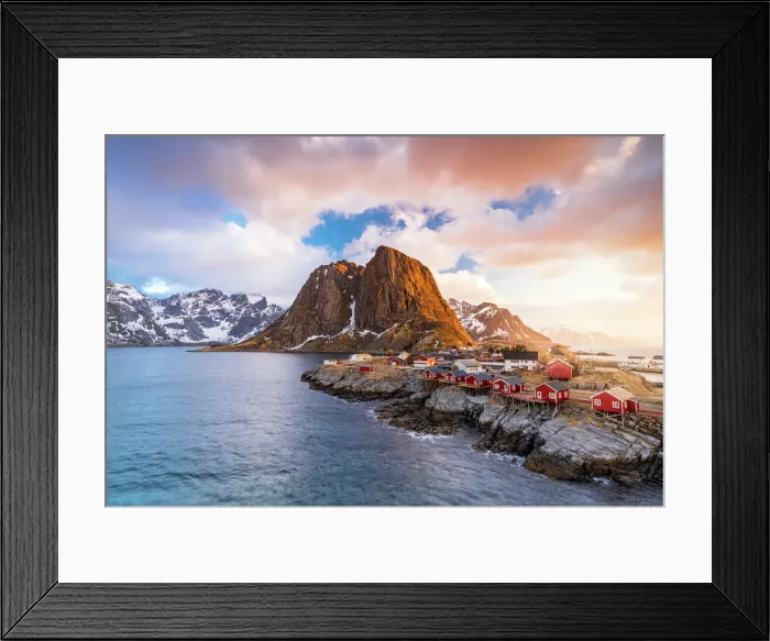 Framed Print : Clouds at sunrise over traditional Rorbu cottages on cliffs by the cold arctic sea, Hamnoy, Reine, Lofoten Islands, Norway, Europe Framed Print : Clouds at sunrise over traditional Rorbu cottages on cliffs by the cold arctic sea, Hamnoy, Reine, Lofoten Islands, Norway, Europe