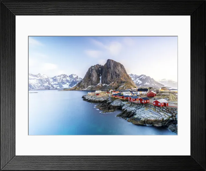 Framed Print : High angle view of traditional red Rorbu cabins in the fishing village of Hamnoy at dawn, Reine, Lofoten Islands, Norway, Europe Framed Print : High angle view of traditional red Rorbu cabins in the fishing village of Hamnoy at dawn, Reine, Lofoten Islands, Norway, Europe