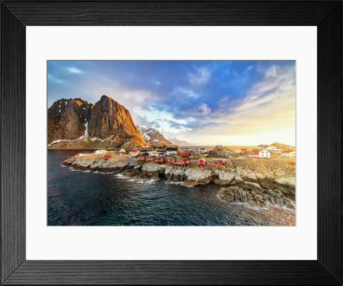 Framed Print : High angle view of majestic mountains and Hamnoy village lit by the warm light of sunrise, Reine, Lofoten Islands, Norway, Europe Framed Print : High angle view of majestic mountains and Hamnoy village lit by the warm light of sunrise, Reine, Lofoten Islands, Norway, Europe