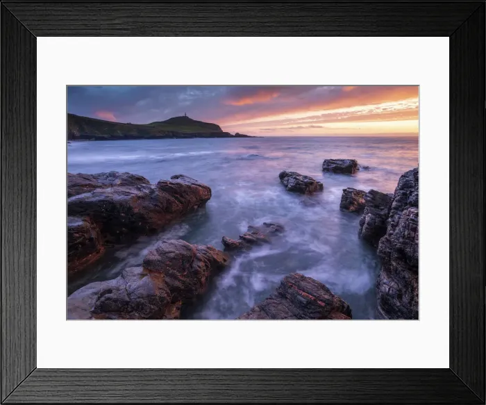 Framed Print : Sunset over Cape Cornwall from the rocky shores of Porth Ledden, Cornwall, England, United Kingdom, Europe Framed Print : Sunset over Cape Cornwall from the rocky shores of Porth Ledden, Cornwall, England, United Kingdom, Europe