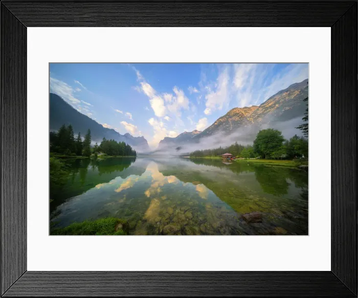 Framed Print : Lake Dobbiaco at sunrise in summer, Sud Tirol, Italy, Europe Framed Print : Lake Dobbiaco at sunrise in summer, Sud Tirol, Italy, Europe
