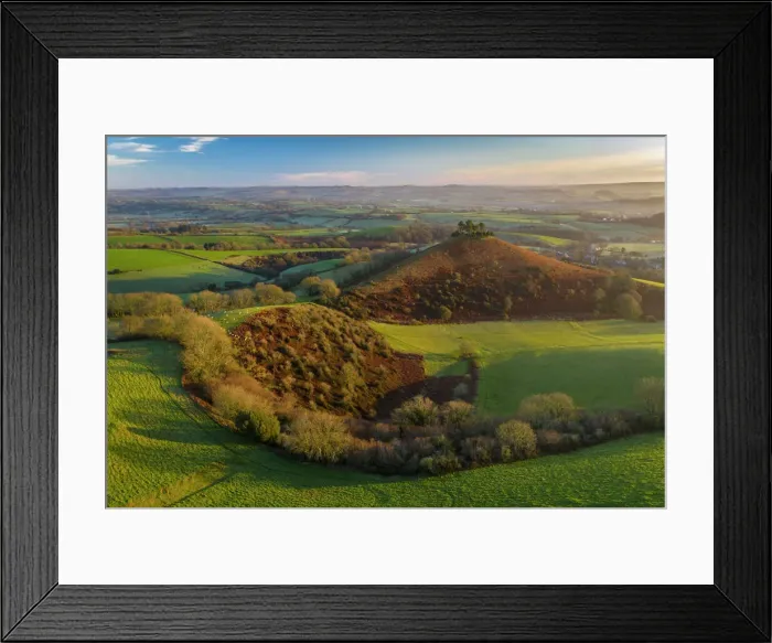 Framed Print : Aerial view of Colmers Hill at dawn on a sunny winter morning, Symondsbury, Dorset, England, United Kingdom, Europe