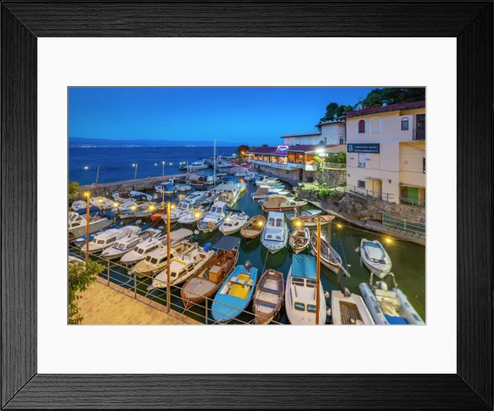 Framed Print : View of cafe and restaurant overlooking harbour at dusk, Lovran village, Lovran, Kvarner Bay, Eastern Istria, Croatia, Europe