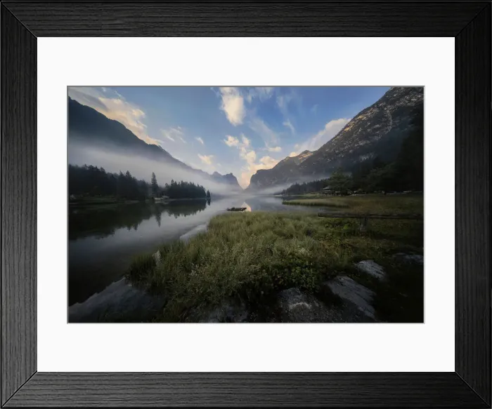 Framed Print : Lake Dobbiaco at sunrise in summer, Sud Tirol, Italy, Europe Framed Print : Lake Dobbiaco at sunrise in summer, Sud Tirol, Italy, Europe