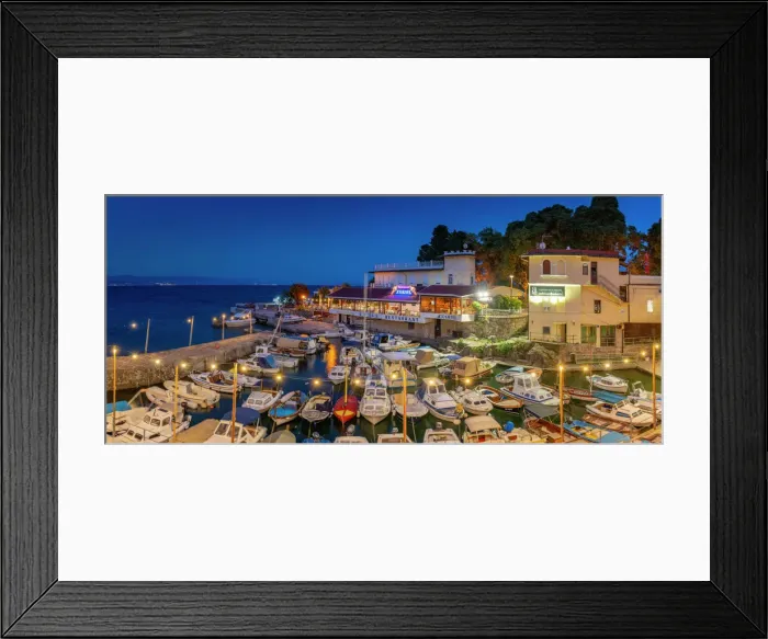 Framed Print : View of cafe and restaurant overlooking boats in harbour at dusk, Lovran village, Lovran, Kvarner Bay, Eastern Istria, Croatia, Europe