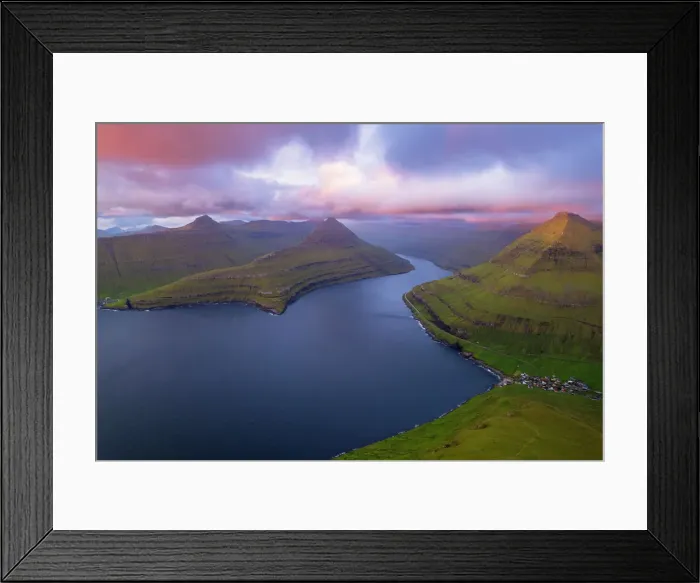 Framed Print : Aerial view of the fjord at sunrise, Funningur, Eysturoy island, Faroe islands, Denmark, Europe Framed Print : Aerial view of the fjord at sunrise, Funningur, Eysturoy island, Faroe islands, Denmark, Europe