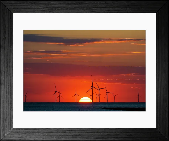 Framed Print : Offshore windfarm with amazing setting sun, New Brighton, Cheshire, England, United Kingdom, Europe Framed Print : Offshore windfarm with amazing setting sun, New Brighton, Cheshire, England, United Kingdom, Europe