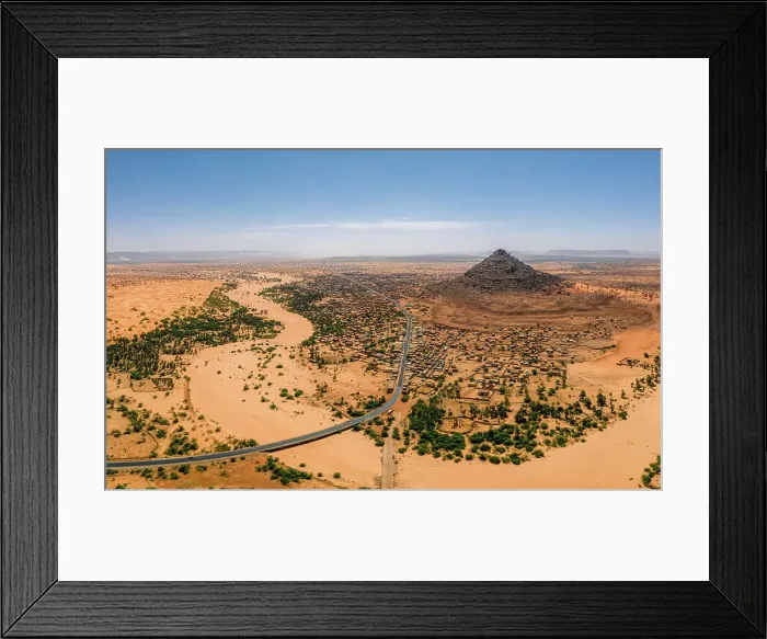 Framed Print : A crumbling mountain, a river bed, palms, and dunes surround the village of Kamour, Mauritania, Sahara Desert, West Africa, Africa Framed Print : A crumbling mountain, a river bed, palms, and dunes surround the village of Kamour, Mauritania, Sahara Desert, West Africa, Africa