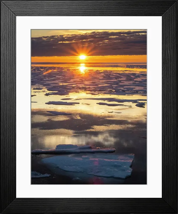 Framed Print : Sunset over melt water pools in the heavy pack ice in McClintock Channel, Northwest Passage, Nunavut, Canada, North America Framed Print : Sunset over melt water pools in the heavy pack ice in McClintock Channel, Northwest Passage, Nunavut, Canada, North America