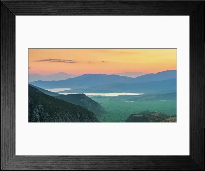 Framed Print : View over the Pleistos River Valley towards the Gulf of Corinth at dusk, Delphi, Phocis, Greece, Europe Framed Print : View over the Pleistos River Valley towards the Gulf of Corinth at dusk, Delphi, Phocis, Greece, Europe