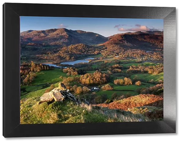 Elter Water, Wetherlam and The Tilberthwaite Fells from Loughrigg Fell in autumn, Lake District National Park, UNESCO World Heritage Site, Cumbria, England, United Kingdom, Europe