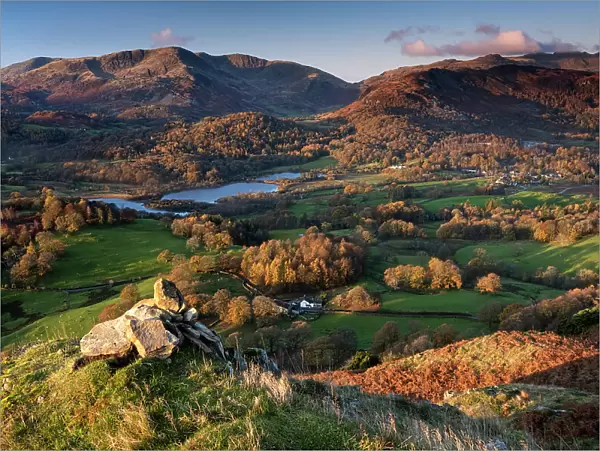 Elter Water, Wetherlam and The Tilberthwaite Fells from Loughrigg Fell in autumn, Lake District National Park, UNESCO World Heritage Site, Cumbria, England, United Kingdom, Europe