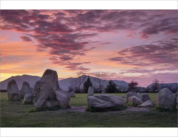 Castlerigg Stone Circle at sunset, near Keswick, Lake District National Park, UNESCO World Heritage Site, Cumbria, England, United Kingdom, Europe