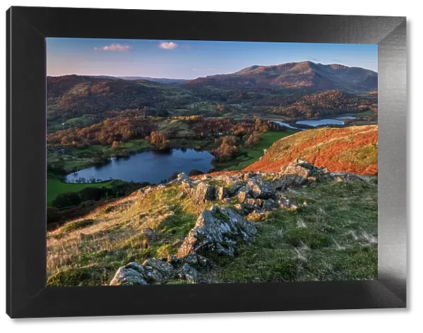 Loughrigg Tarn, Elter Water and Wetherlam from Loughrigg Fell in autumn, Lake District National Park, UNESCO World Heritage Site, Cumbria, England, United Kingdom, Europe