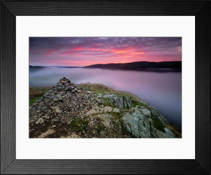 Framed Print : Summit Cairn on Yew Crag above misty Ullswater at sunrise, Gowbarrow Fell, Lake District National Park, UNESCO World Heritage Site, Cumbria, England, United Kingdom, Europe Framed Print : Summit Cairn on Yew Crag above misty Ullswater at sunrise, Gowbarrow Fell, Lake District National Park, UNESCO World Heritage Site, Cumbria, England, United Kingdom, Europe