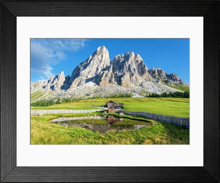 Framed Print : Sass de Putia and the reflection of a mountain hut in a small pond, Passo delle Erbe, Dolomites, South Tyrol, Italy, Europe Framed Print : Sass de Putia and the reflection of a mountain hut in a small pond, Passo delle Erbe, Dolomites, South Tyrol, Italy, Europe