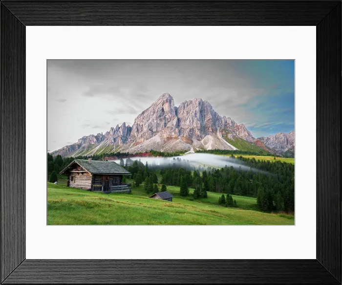 Framed Print : Mountain huts among green woods with fog in the morning, Sass De Putia, Passo delle Erbe, Dolomites, South Tyrol, Italy, Europe Framed Print : Mountain huts among green woods with fog in the morning, Sass De Putia, Passo delle Erbe, Dolomites, South Tyrol, Italy, Europe