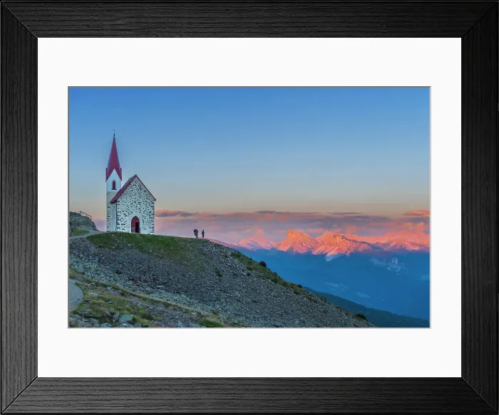 Framed Print : Man enjoys sunset over Dolomites at the pilgrimage church of Lazfons, Chiusa, Bolzano district, South Tyrol, Italy, Europe Framed Print : Man enjoys sunset over Dolomites at the pilgrimage church of Lazfons, Chiusa, Bolzano district, South Tyrol, Italy, Europe