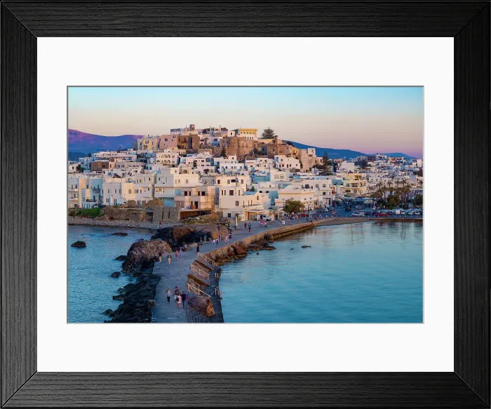 Framed Print : Dusk over Naxos town and causeway to The Porta Gateway, part of the unfinished Temple of Apollo, Naxos, the Cyclades, Aegean Sea, Greek Islands, Greece, Europe Framed Print : Dusk over Naxos town and causeway to The Porta Gateway, part of the unfinished Temple of Apollo, Naxos, the Cyclades, Aegean Sea, Greek Islands, Greece, Europe