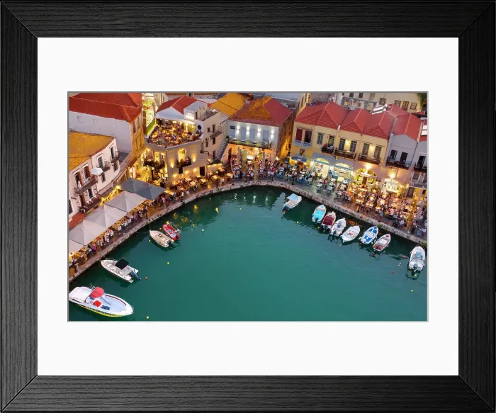 Framed Print : Old Venetian harbour and restaurants at dusk, Rethymno, Crete, Greek Islands, Greece, Europe
